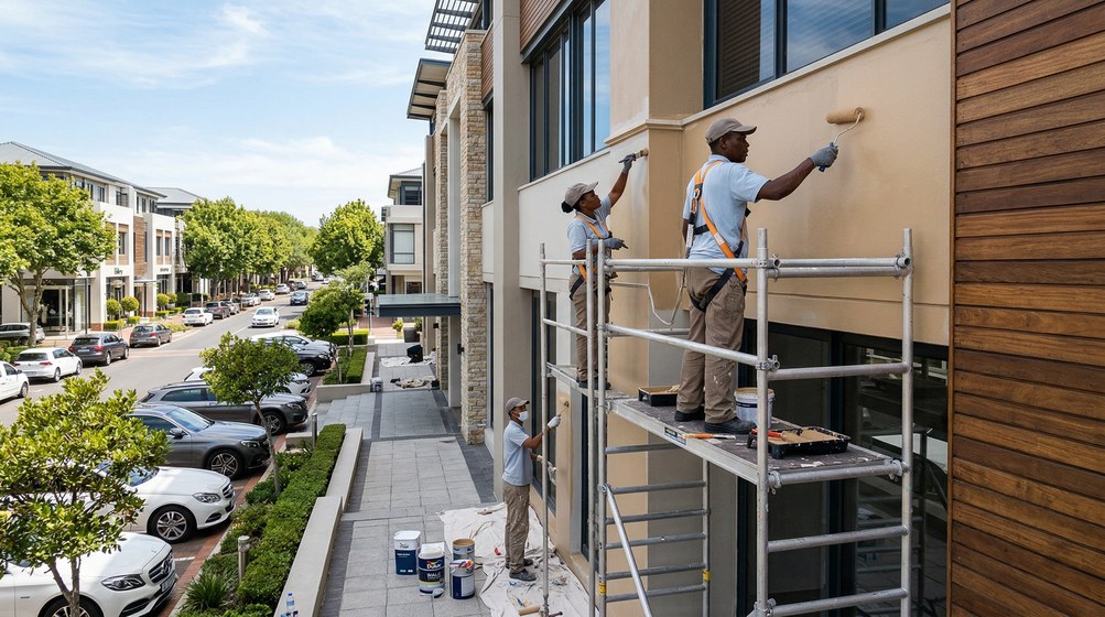 Professional commercial painters on scaffolding painting a building on the Parklands