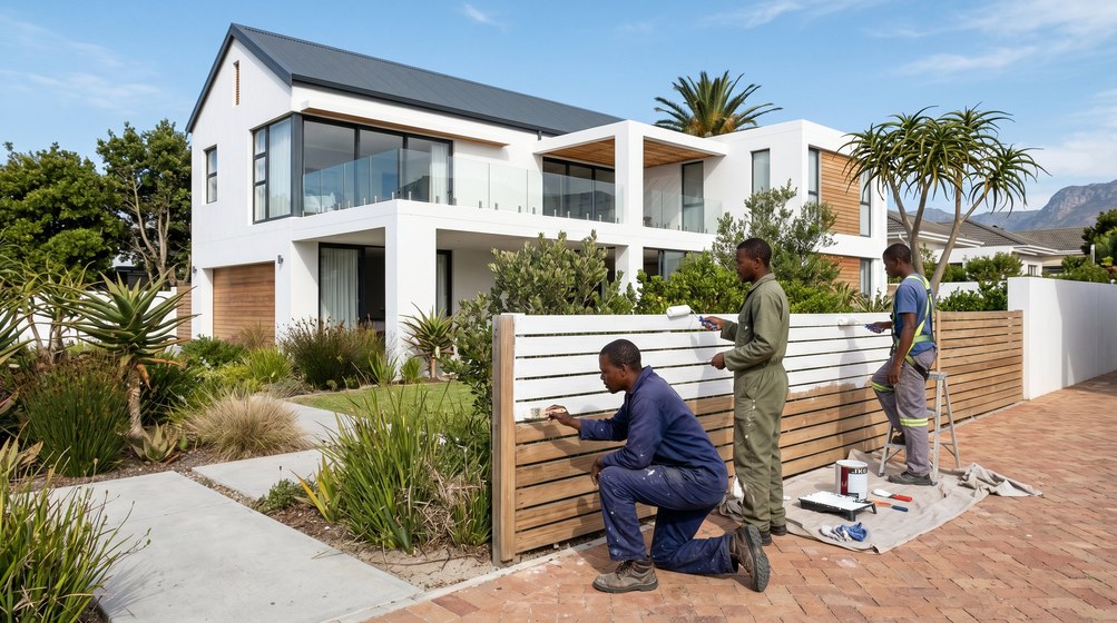 Professional fence painters painting a wooden fence at a Parklands home in Parklands