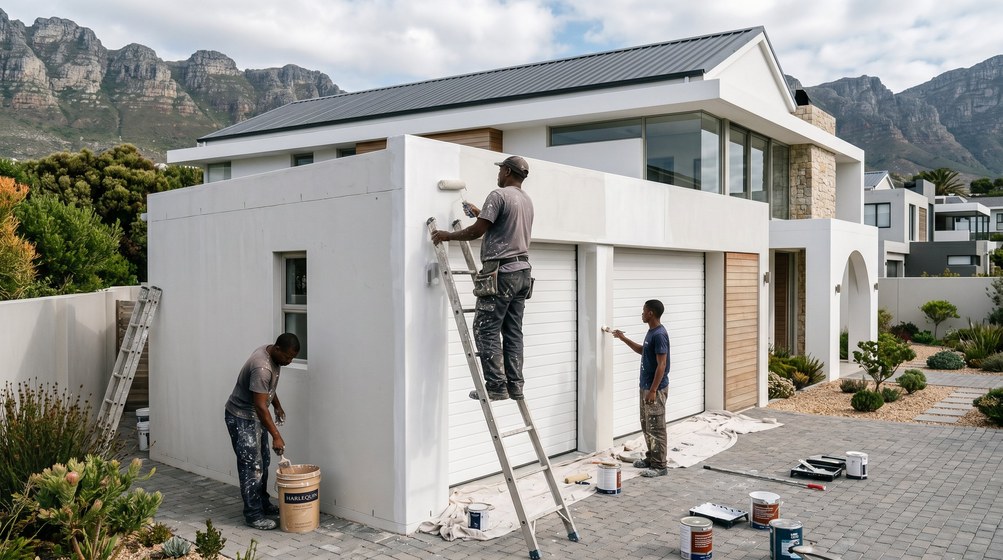 Professional painters painting a double garage exterior and garage doors in Parklands