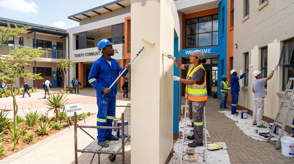 Professional school painting team painting a community school on the Parklands